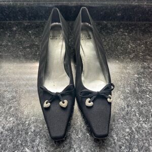 Stuart Weitzman‎ Vintage Black Satin Kitten Heel with Rhinestone Heart Detail